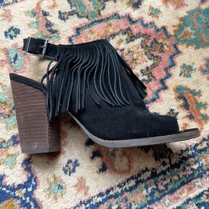 Black Fringe Open Toe Booties